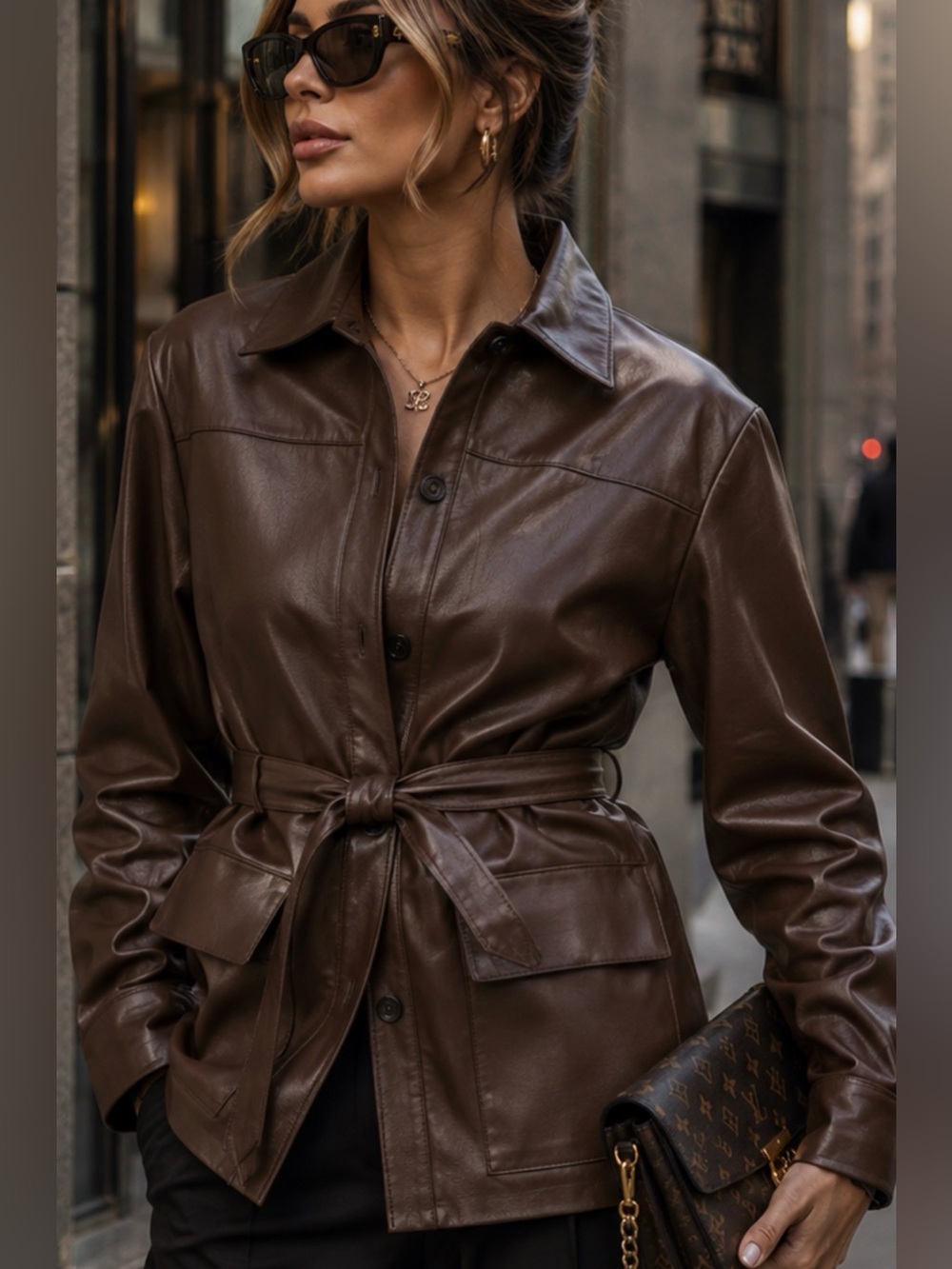 ELIE TAHARI
Belted Faux Leather Shirt Jacket Women's Brown vegan Jacket size xs - Picture 2 of 11